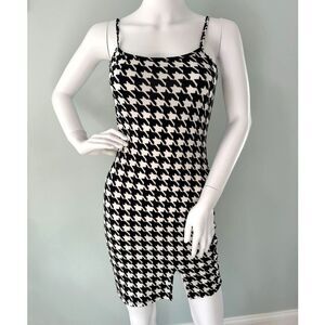 Just Polly Black and White Houndstooth Bodycon Mini Slip Dress Grunge size Small